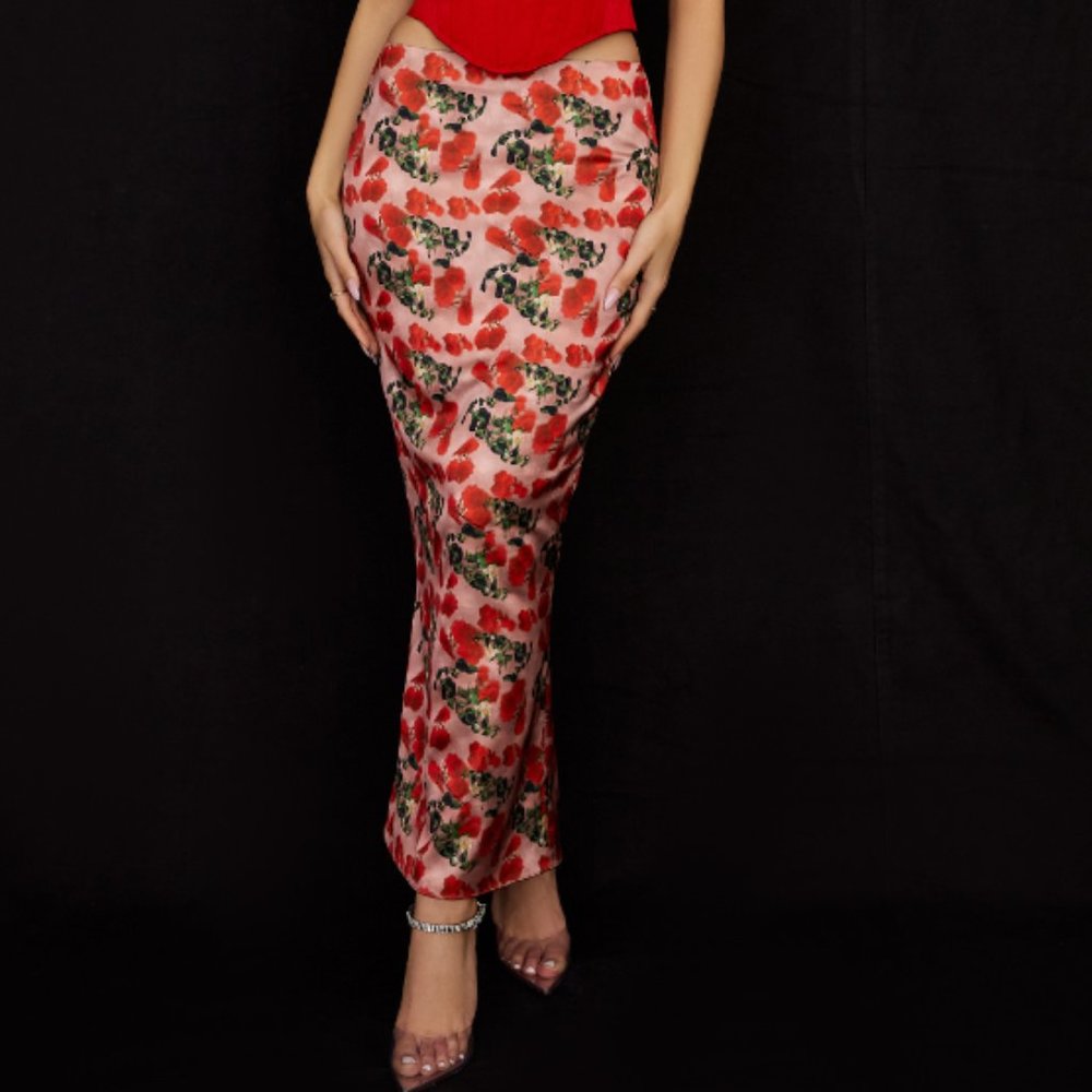 House of CB Luisette Rose Print Satin Midi Skirt